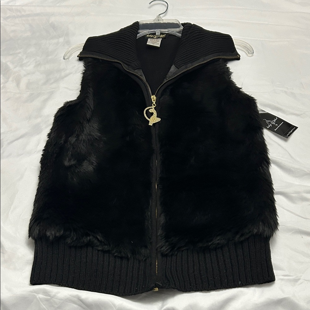 Baby Phat Black Faux Fur Vest with Gold Accents
